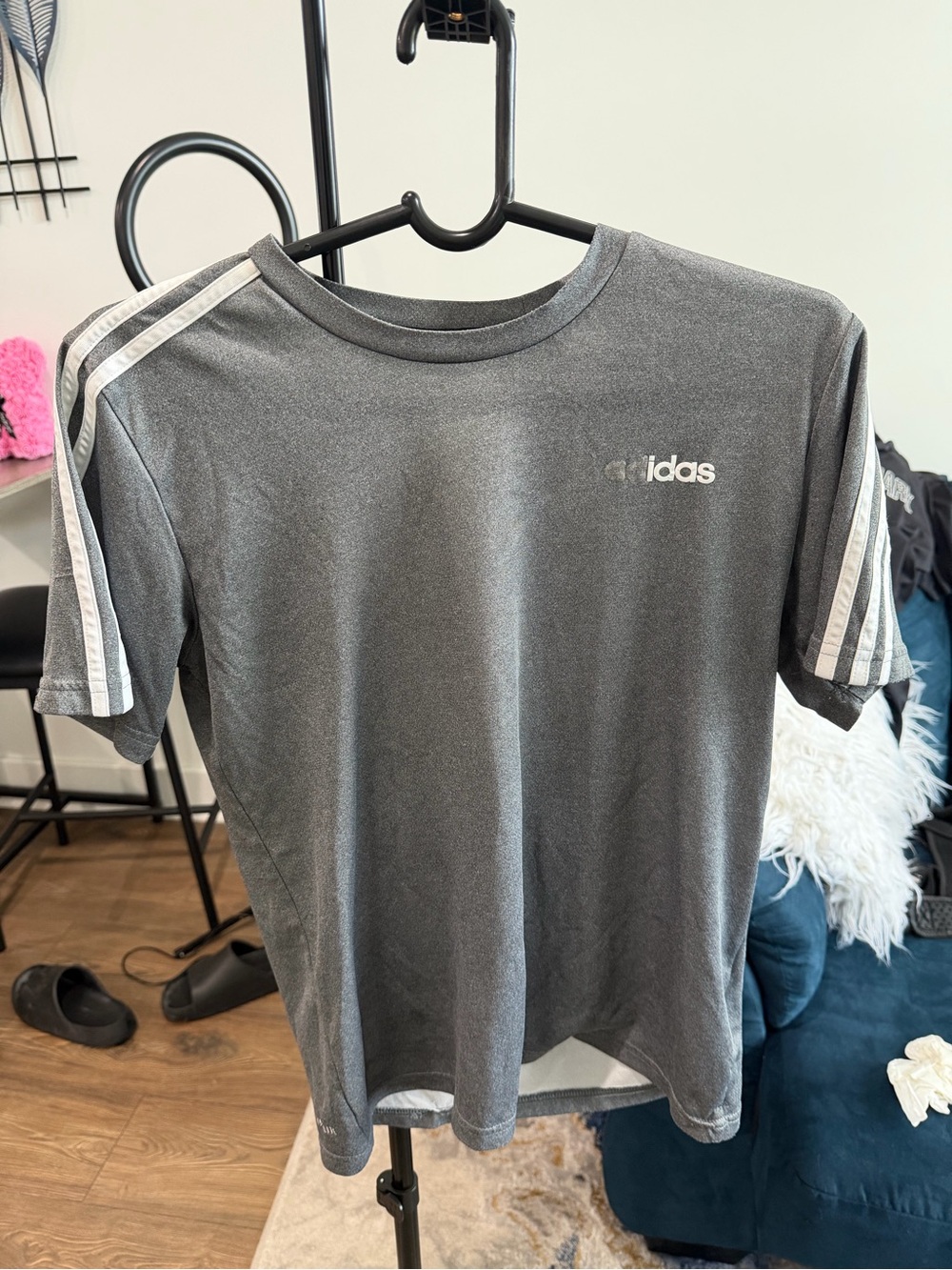 adidas Charcoal Gray Athletic Tee with White Stripes